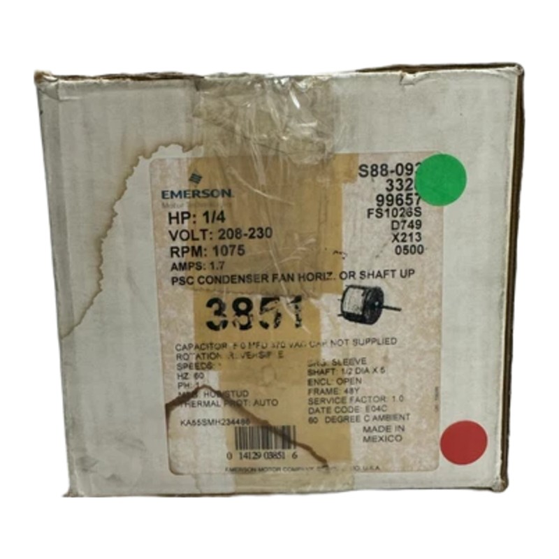Emerson 3851 Condenser Fan Motor, 1/4 HP, 208/230V, 1075 RPM Emerson 3851 Condenser Fan Motor, 1/4 HP, 208/230V, 1075 RPM