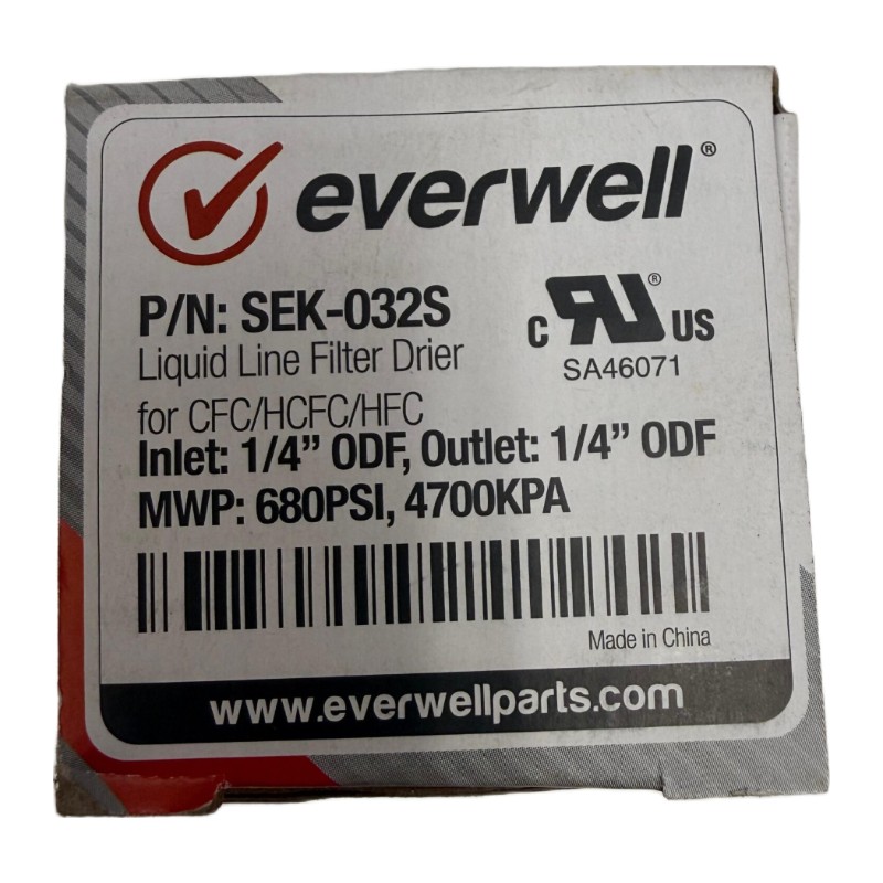Everwell SEK-032S Liquid Line Filter Drier, 1/4" ODF solder, 3 cu. in. Everwell SEK-032S Liquid Line Filter Drier, 1/4" ODF solder, 3 cu. in.