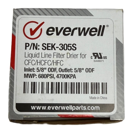 Everwell SEK-305S Liquid Line Filter Drier, 5/8" ODF solder, 30 cu. in.