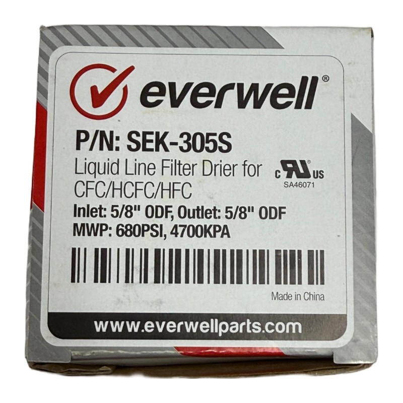 Everwell SEK-305S Liquid Line Filter Drier, 5/8" ODF solder, 30 cu. in. Everwell SEK-305S Liquid Line Filter Drier, 5/8" ODF solder, 30 cu. in.