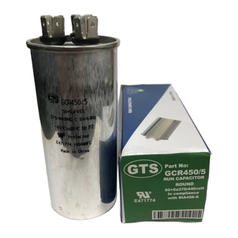GTS GCR450/5 Dual Run Capacitor, 50+5 MFD (uF), 370/440 VAC, Round GTS GCR450/5 Dual Run Capacitor, 50+5 MFD (uF), 370/440 VAC, Round