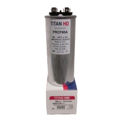 Packard Titan HD PRCF80A Run Capacitor, 80 MFD (uF), 370/440 VAC, Round