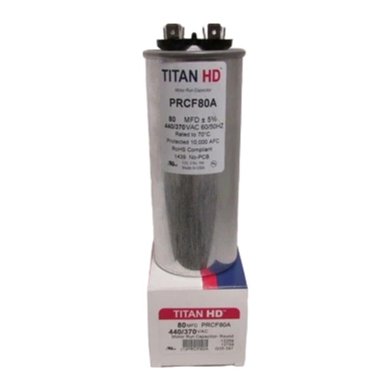 Packard Titan HD PRCF80A Run Capacitor, 80 MFD (uF), 370/440 VAC, Round