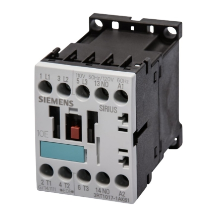 Siemens 3RT1017-1AK61 SIRIUS Contactor, 3-Pole, 12A, 120V AC Coil, 1 NO Aux